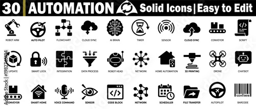 Automation solid icons. Representing technology, robotics, artificial intelligence, and future innovation concepts and designs. vector illustration.
