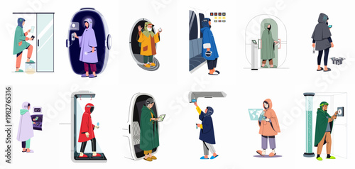 Set of futuristic characters in hooded cloaks using high-tech gadgets and advanced transportation systems in a flat vector illustration style.