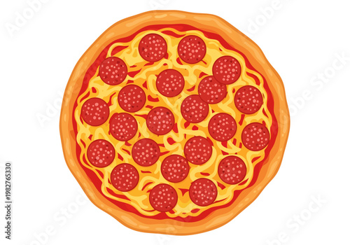 A perfectly round pizza illustration showcases a thick golden crust encircling a vibrant pool of hot yellow melted cheese, generously topped with spicy, symmetrically arranged dotted pepperoni slices