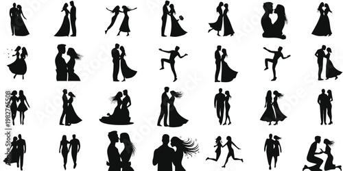Silhouettes of couples dancing and embracing a collection of romantic figures