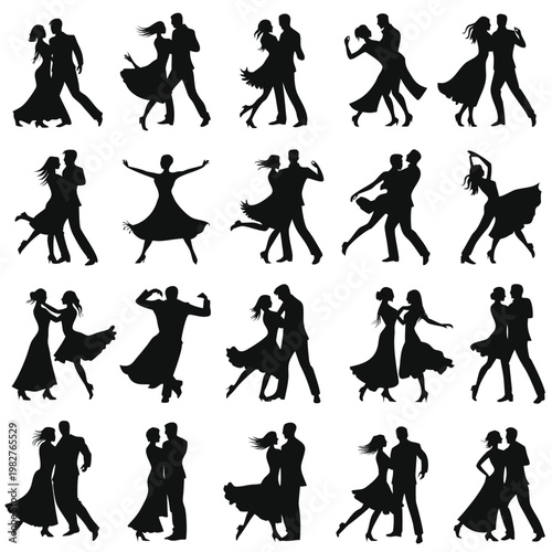 Silhouettes of couples dancing various ballroom and latin styles together