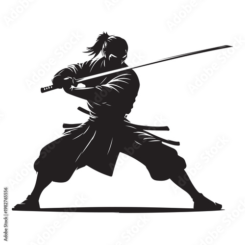 Powerful black silhouette of a traditional Japanese samurai warrior in a combat stance with katana