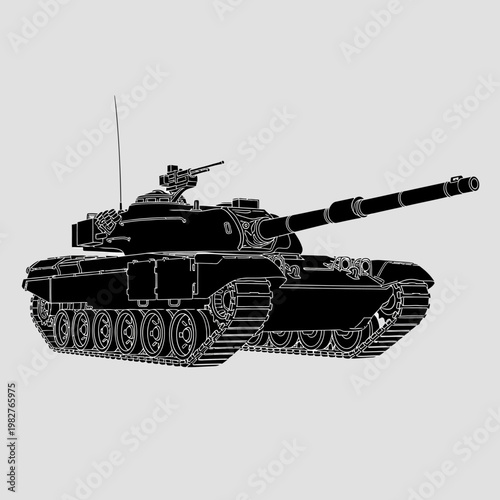 Black silhouette of a modern battle tank with cannon and turret on a gray background