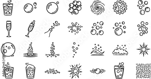 Black and White Line Art Icons of Bubbles and Drinks for Beverage Industry