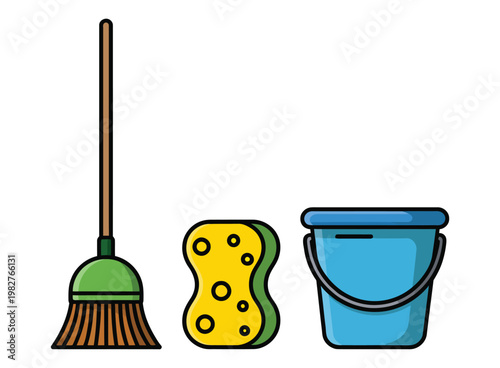 Broom sponge and bucket cleaning tools, cleaning supply icon collection with flat design and editable stroke style
