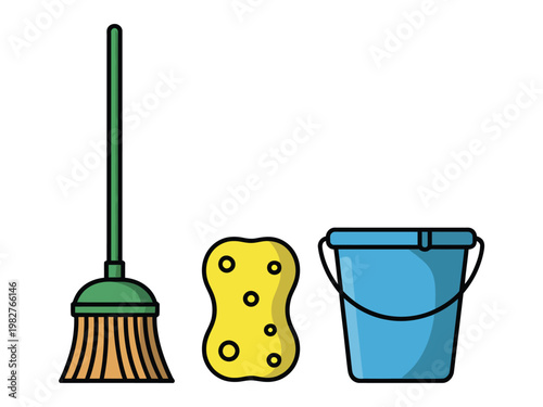 Broom sponge and bucket cleaning tools, set of household cleaning equipment in flat vector style, modern illustration for home hygiene, janitorial service