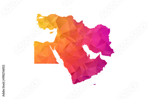 Middle East Map - Polygon Style Vector Illustration in Orange and Pink Gradient, Low Poly Geometric Design, Isolated on White Background for Infographics and Education.
