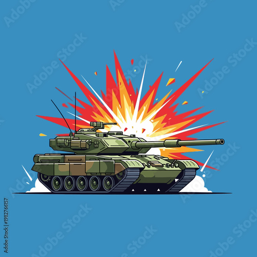 Military tank firing, explosion, combat, action, war, defense, armored vehicle, illustration