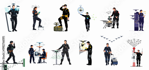 Tactical security personnel and drone operators managing autonomous swarms, surveillance, maintenance, and logistics in a set of high-tech illustrations.