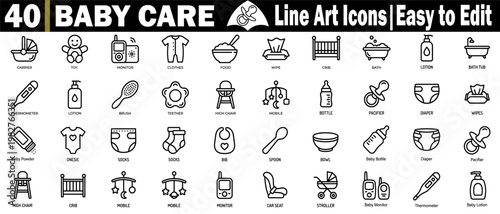 Baby care icons set. Newborn essentials line icon collection for baby care website and mobile app design, including a variety of hygiene tools, feeding items and nursery furniture vector illustration.