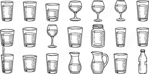 Black and White Line Art of Assorted Drinkware: Glasses, Goblets, Jar, Pitcher, Bottle