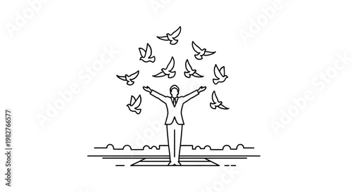 Man releasing doves, symbol of peace, freedom, hope, and spirituality, line art