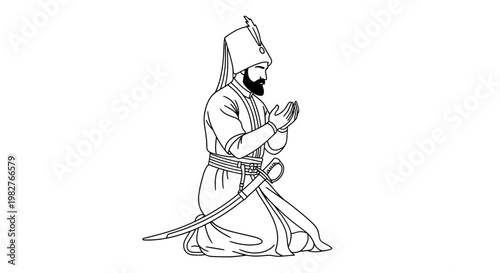 Man in traditional attire praying on knees with sword at his side, line art