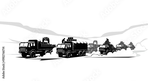 Military convoy of trucks in desert landscape, carrying cargo, dust clouds