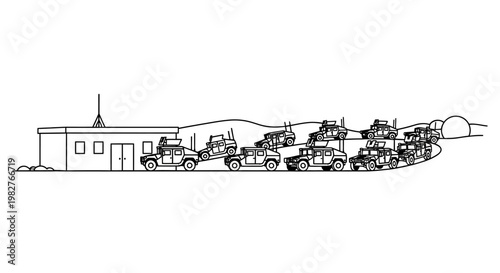 Military convoy with humvees and armored vehicles parked outside a base building