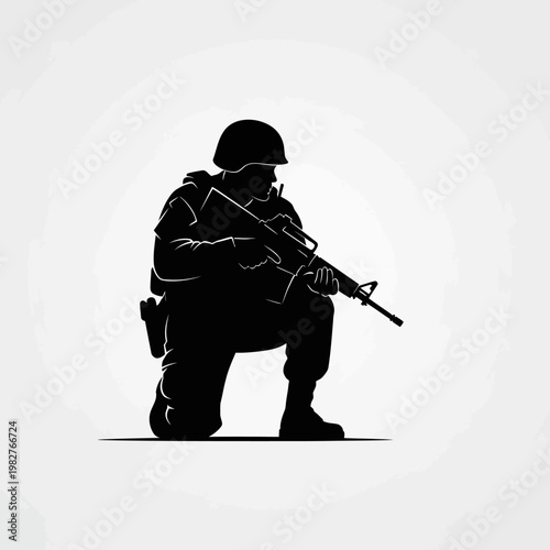 Silhouette of a soldier kneeling with rifle, tactical gear, military concept, black and white