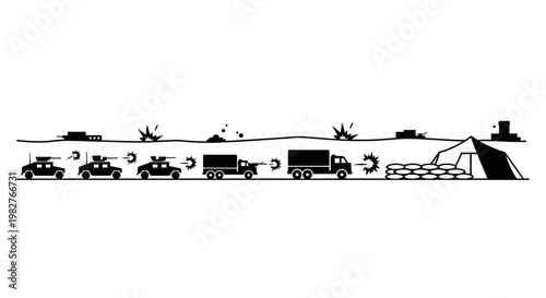 Military convoy under attack, armored vehicles and trucks in combat zone, explosions and gunfire