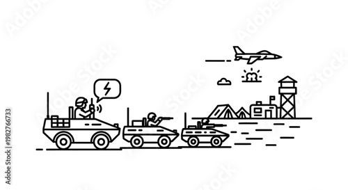 Military convoy with jet fighter and airbase, modern warfare concept