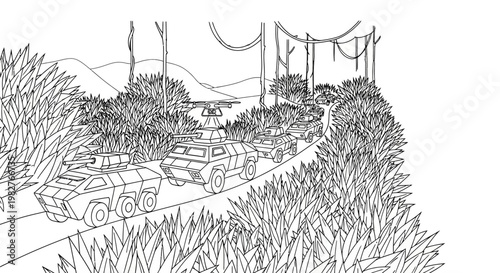 Military convoy on jungle road, armored vehicles and drone, jungle warfare concept