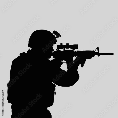 Silhouette of Soldier Aiming Rifle with Scope, Military Combat, Tactical Gear