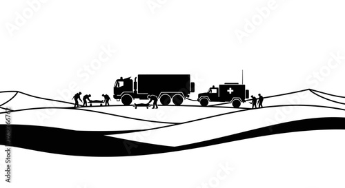 Military Evacuation: Soldiers Load Casualty Onto Truck Amidst Desert Landscape
