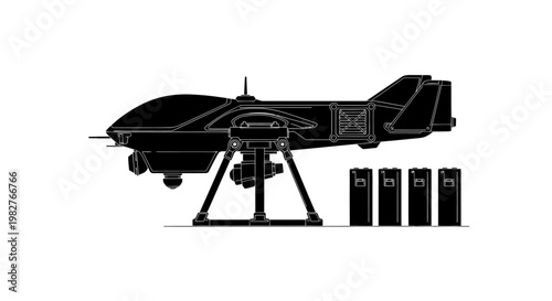 Military drone on launchpad with missiles, surveillance, reconnaissance, aerial warfare concept