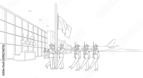Military Honor Guard Raises Flag at Airport Terminal with Airplane Background