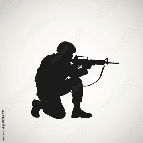 Silhouette Soldier Kneeling Aiming Rifle Gun Military Action Combat