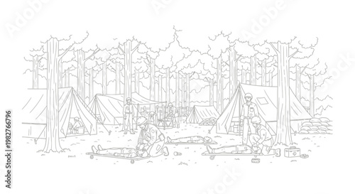 Military Field Hospital Tents in Forest, Wounded Soldiers on Stretchers, Medical Aid