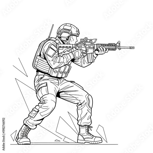 Soldier aiming rifle, tactical gear, action pose, military illustration