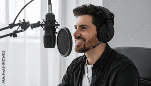 Man with Headphones Recording Audio in Studio with Microphone.