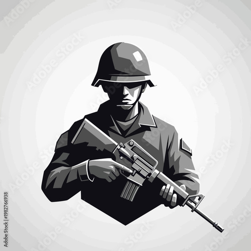Soldier in Helmet Holding Rifle, Military Silhouette Illustration
