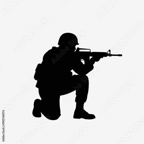 Silhouette of a soldier kneeling with a rifle, ready to fire, military action concept