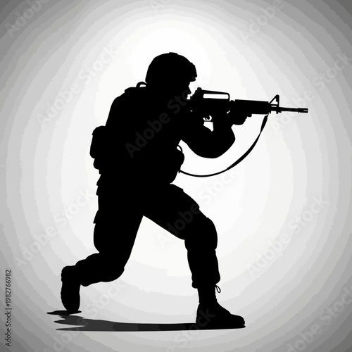 Silhouette of soldier aiming rifle in combat stance, military action, tactical gear, dynamic pose