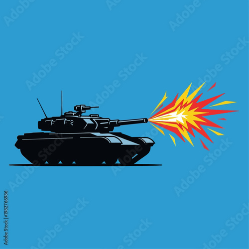 Tank Firing Cannon with Explosive Fireball and Smoke - Vector Illustration