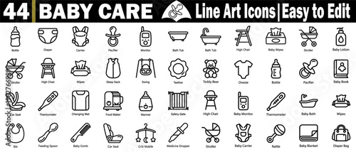 Comprehensive set of forty-four baby care line icons for motherhood branding and pediatric medical services featuring diverse nursery and safety equipment vector illustration.