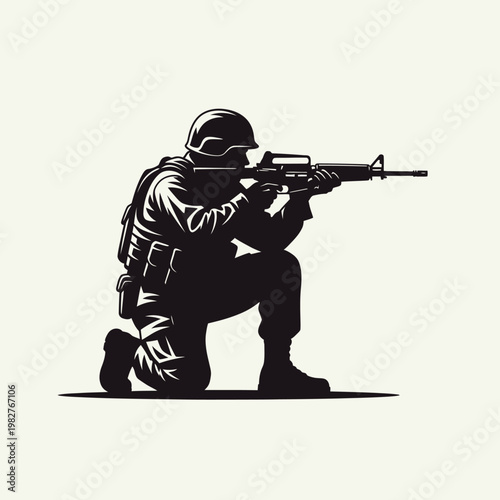 Soldier Kneeling Aiming Rifle Silhouette, Military Action, Combat Ready