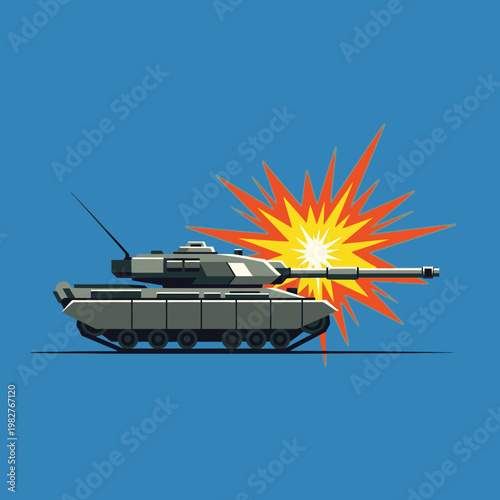 Modern Tank Firing with Explosive Blast on Blue Background