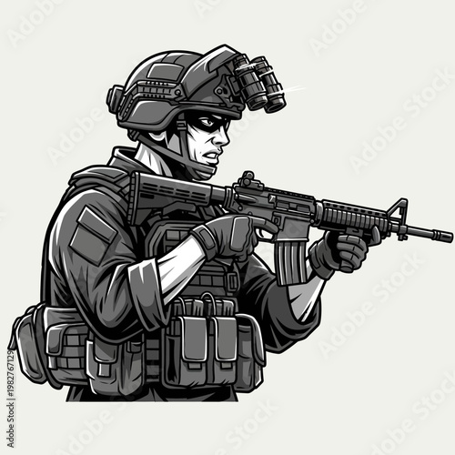 Special Forces Soldier Aiming Assault Rifle, Tactical Gear, Night Vision Goggles