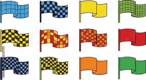 Colorful Checkered and Solid Waving Flag Vector Icon Set