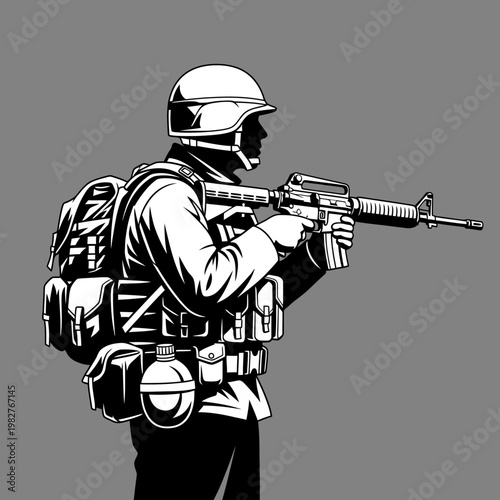 Soldier in tactical gear with rifle, ready for combat, military action