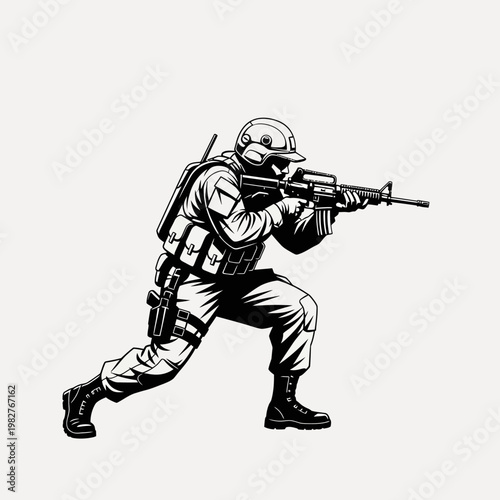 Soldier Aiming Rifle, Military Action, Combat Ready, Tactical Gear, Dynamic Pose