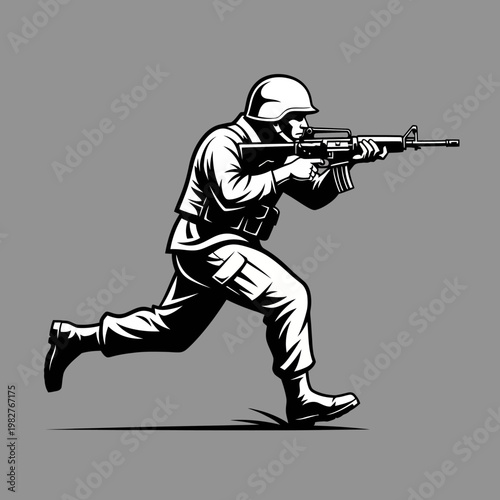 Soldier running with assault rifle, tactical gear, combat readiness, action pose, military illustration