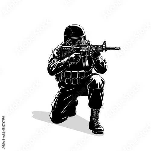 Soldier Kneeling with Assault Rifle, Tactical Gear, Military Action Pose