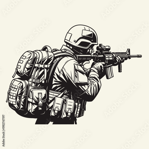 Soldier aiming rifle, tactical gear, military operation, combat readiness, focused soldier