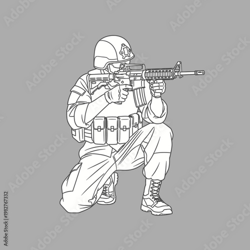 Soldier kneeling with assault rifle, military, army, combat, tactical gear, weapon, action
