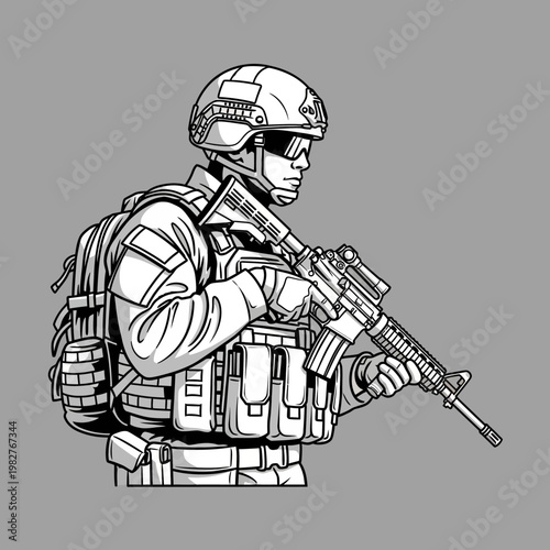 Soldier in tactical gear holding assault rifle, ready for combat, military illustration