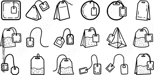 Black and White Line Art Icons of Various Tea Bags for Beverage and Food Industry
