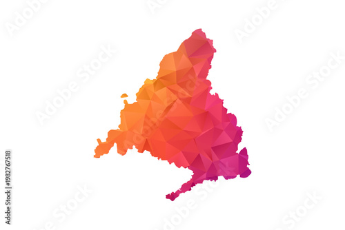 Madrid Map - Polygon Style Vector Illustration in Orange and Pink Gradient, Low Poly Geometric Design, Isolated on White Background for Infographics and Education.