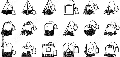 Black and White Line Art Icons of Various Tea Bags, Food and Beverage Industry
